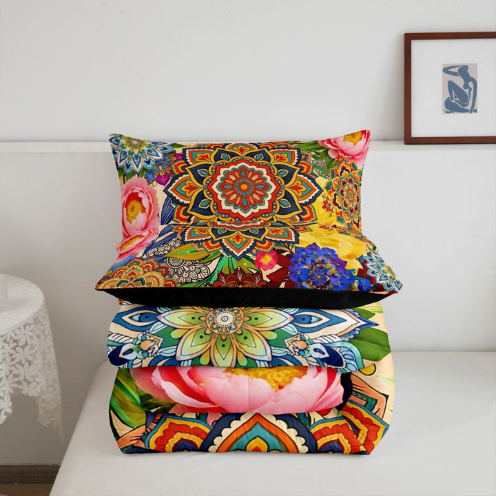 meiyoeat bohemian Mandala King Size Comforter Sets,Colorful Boho Flowers Pattern Comforters King Size,Black Reversible,3 Pieces,1 Comforter and 2 Pillowcases