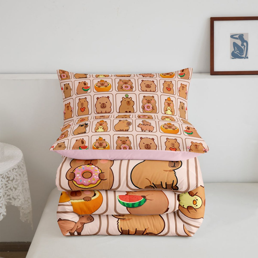 meiyoeat meiyoeat Cute Capybara Full Size Comforter Sets,Brown Cartoon Animals Bedding Comforter Set,Pink Reversible,3 Pieces,1 Comforter and 2 Pillowcases