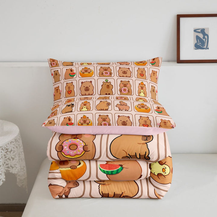 meiyoeat meiyoeat Cute Capybara Full Size Comforter Sets,Brown Cartoon Animals Bedding Comforter Set,Pink Reversible,3 Pieces,1 Comforter and 2 Pillowcases