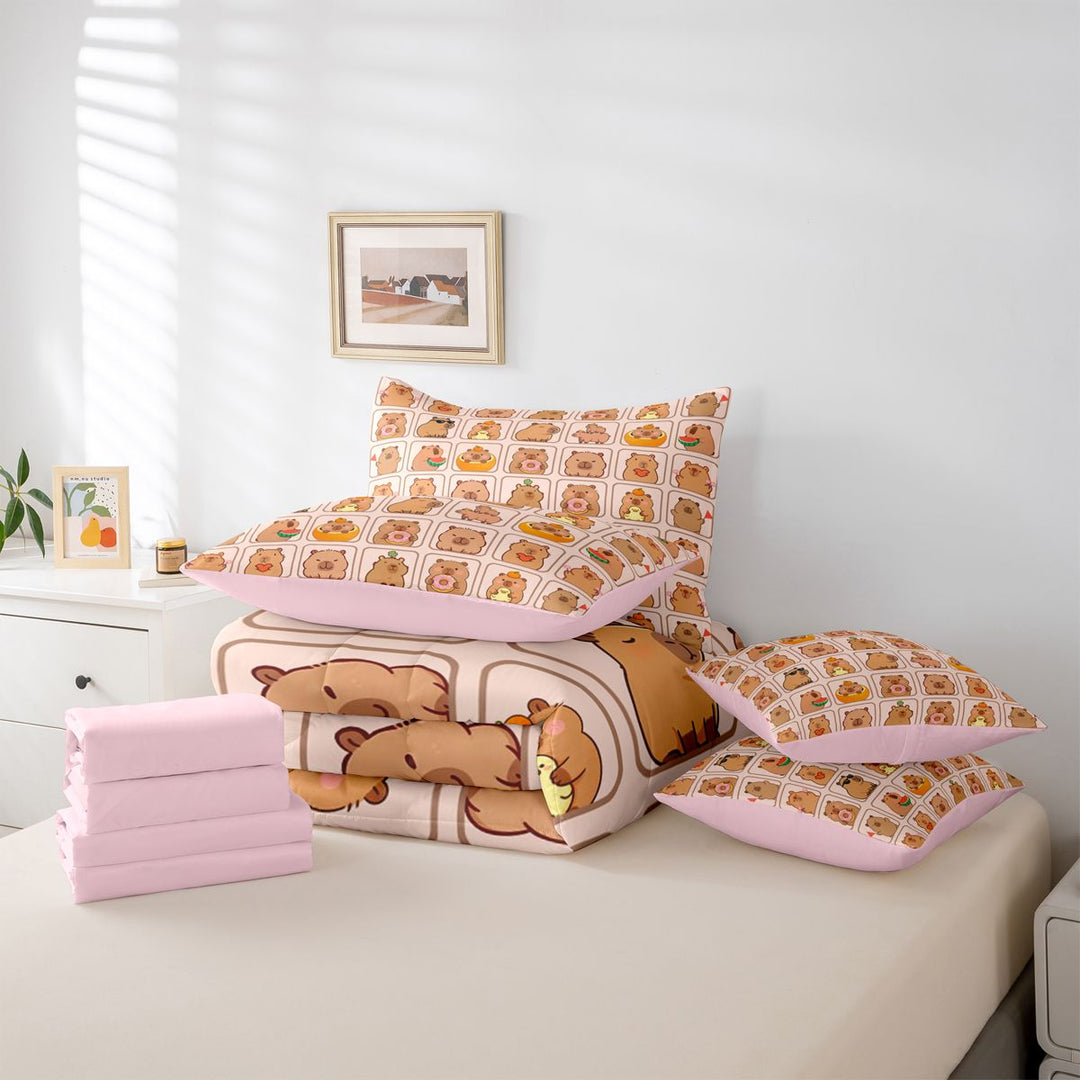 meiyoeat meiyoeat Cute Capybara 7 Pieces Full Size Bedding Sets,Brown Cartoon Animals Full Size Bed in a Bag,Pink Reversible