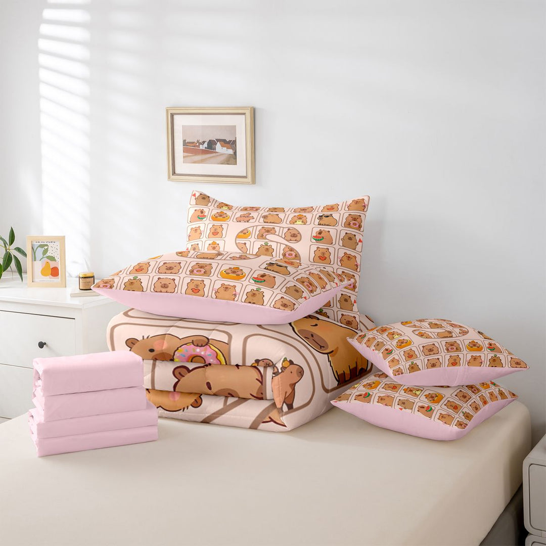 meiyoeat meiyoeat Initial Alphabet S 7 Pieces Full Size Bedding Sets,Kawaii Animal Capybara Full Size Bed in a Bag,Pink Reversible