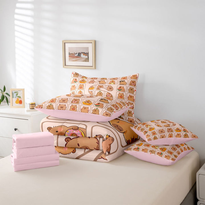 meiyoeat meiyoeat Initial Alphabet S 7 Pieces Full Size Bedding Sets,Kawaii Animal Capybara Full Size Bed in a Bag,Pink Reversible