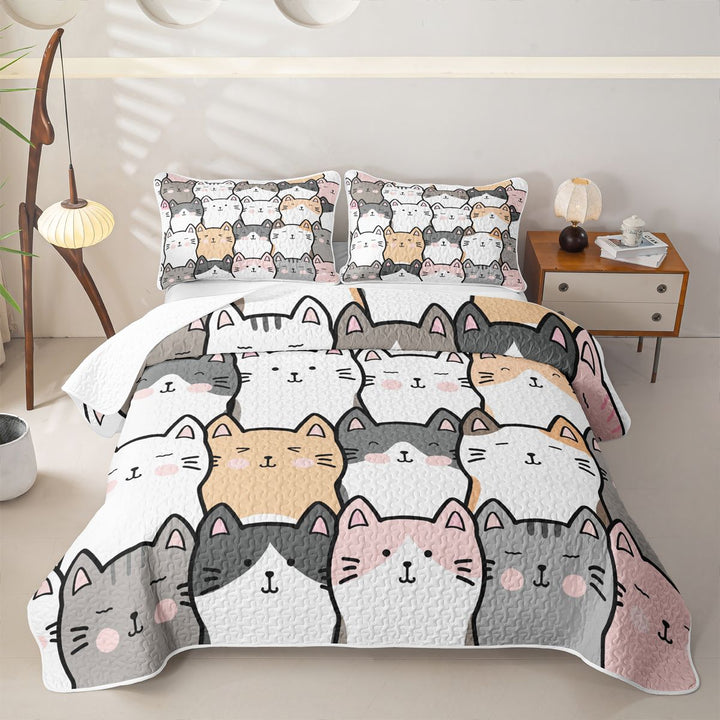 meiyoeat Cartoon Cute Cats Quilt Full For Kids,Colorful Kawaii Kitten Print Full Bedspread Sets For Girls,3-Piece