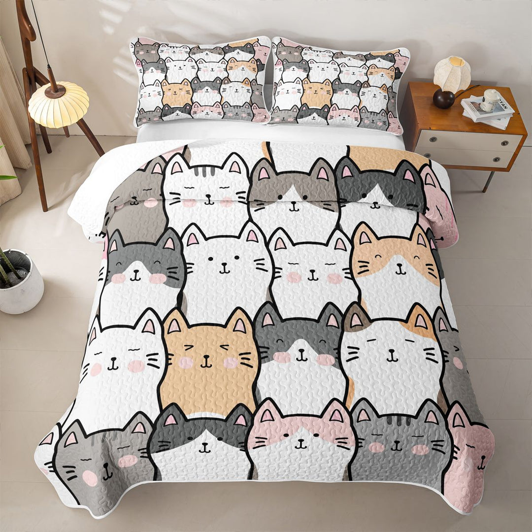 meiyoeat Cartoon Cute Cats Quilt Full For Kids,Colorful Kawaii Kitten Print Full Bedspread Sets For Girls,3-Piece