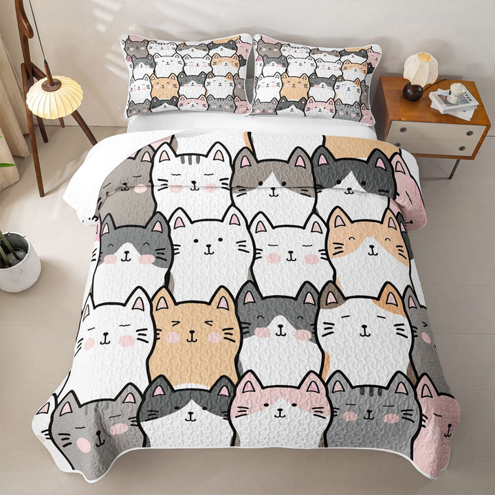 meiyoeat Cartoon Cute Cats Quilt Full For Kids,Colorful Kawaii Kitten Print Full Bedspread Sets For Girls,3-Piece
