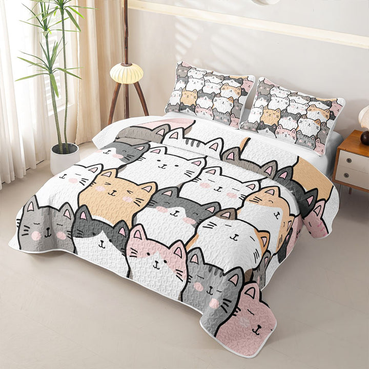 meiyoeat Cartoon Cute Cats Quilt Full For Kids,Colorful Kawaii Kitten Print Full Bedspread Sets For Girls,3-Piece