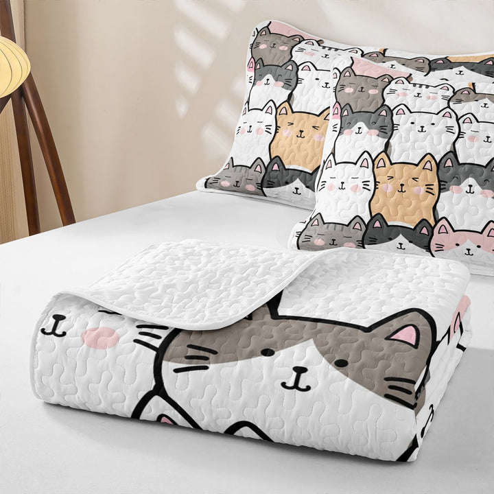 meiyoeat Cartoon Cute Cats Quilt Full For Kids,Colorful Kawaii Kitten Print Full Bedspread Sets For Girls,3-Piece