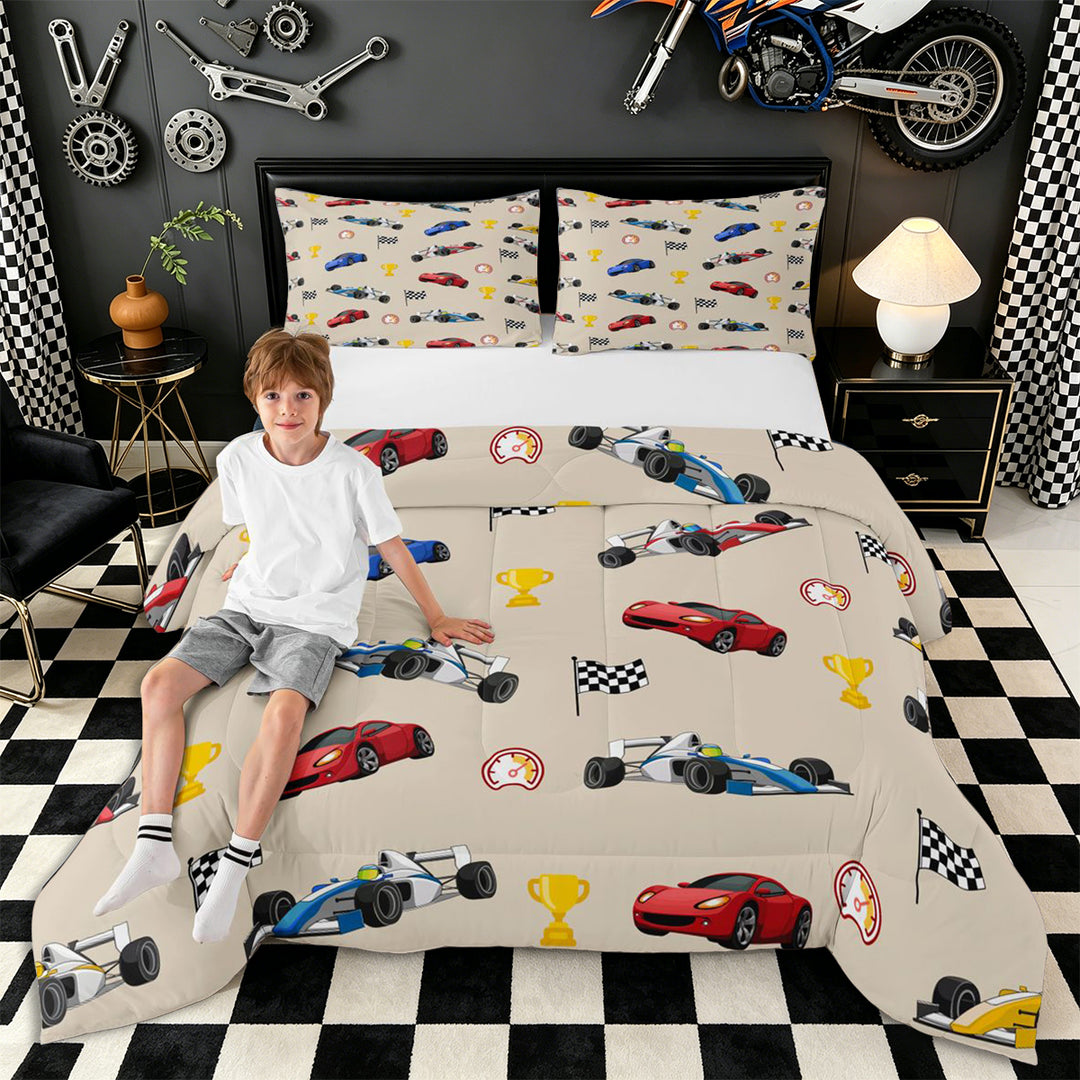 Meiyoeat Cartoon Race Car Pattern Full Size Comforter Sets 3-Piece, Trophy Flag Print Bedding Comforter Set, Beige Multi Color