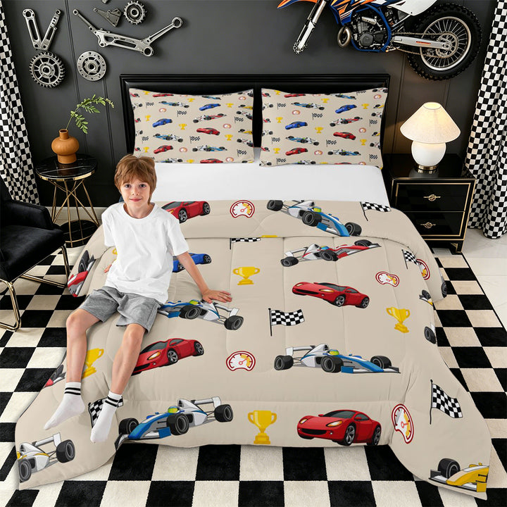 Meiyoeat Cartoon Race Car Pattern Full Size Comforter Sets 3-Piece, Trophy Flag Print Bedding Comforter Set, Beige Multi Color