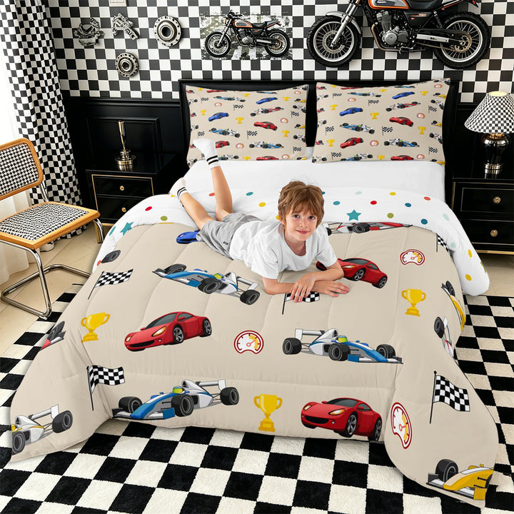 Meiyoeat Cartoon Race Car Pattern Full Size Comforter Sets 3-Piece, Trophy Flag Print Bedding Comforter Set, Beige Multi Color