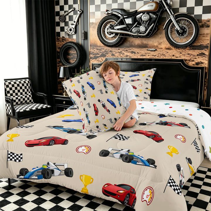 Meiyoeat Cartoon Race Car Pattern Full Size Comforter Sets 3-Piece, Trophy Flag Print Bedding Comforter Set, Beige Multi Color
