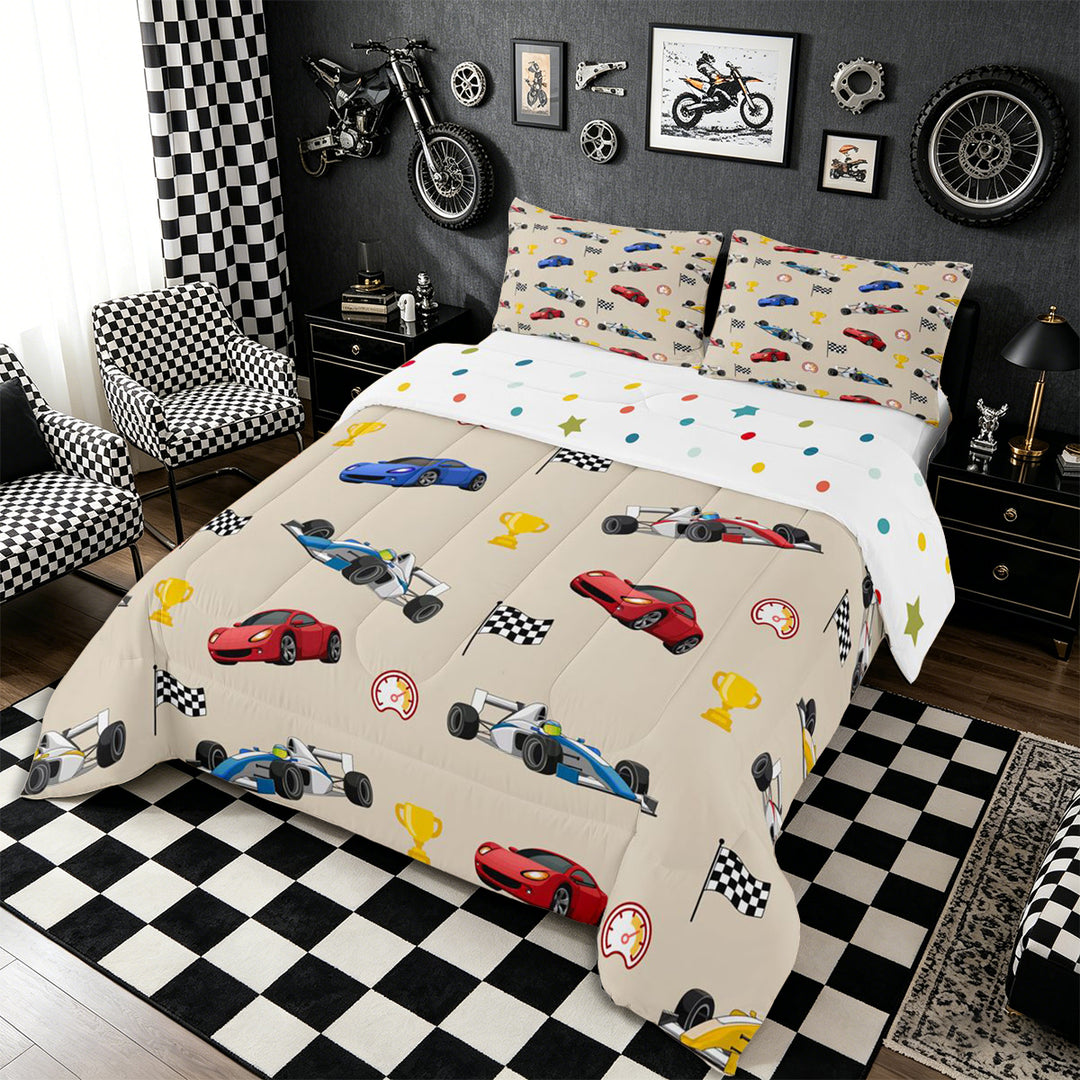Meiyoeat Cartoon Race Car Pattern Full Size Comforter Sets 3-Piece, Trophy Flag Print Bedding Comforter Set, Beige Multi Color