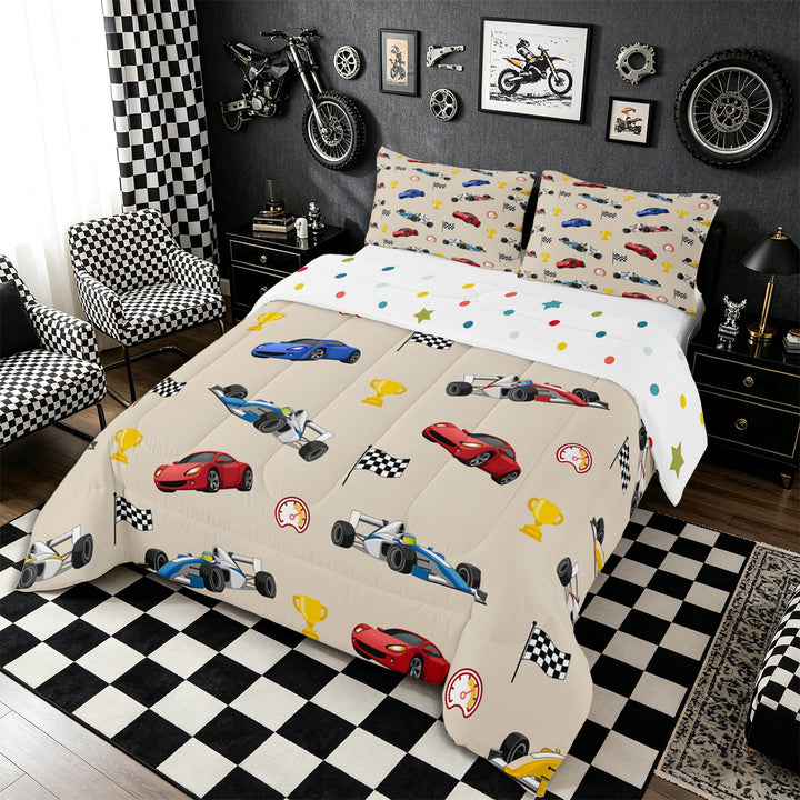 Meiyoeat Cartoon Race Car Pattern Full Size Comforter Sets 3-Piece, Trophy Flag Print Bedding Comforter Set, Beige Multi Color
