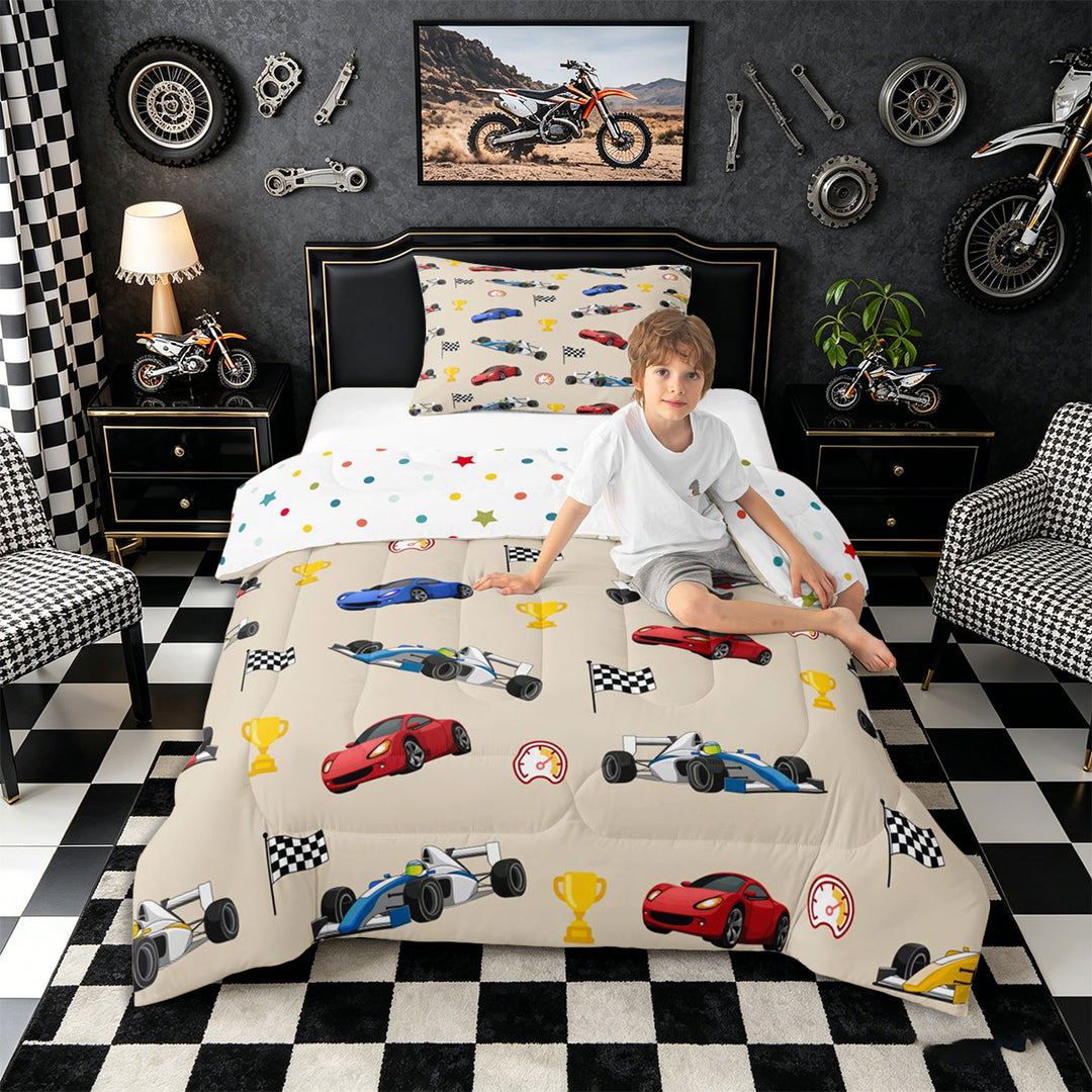 Meiyoeat Cartoon Race Car Pattern Full Size Comforter Sets 3-Piece, Trophy Flag Print Bedding Comforter Set, Beige Multi Color