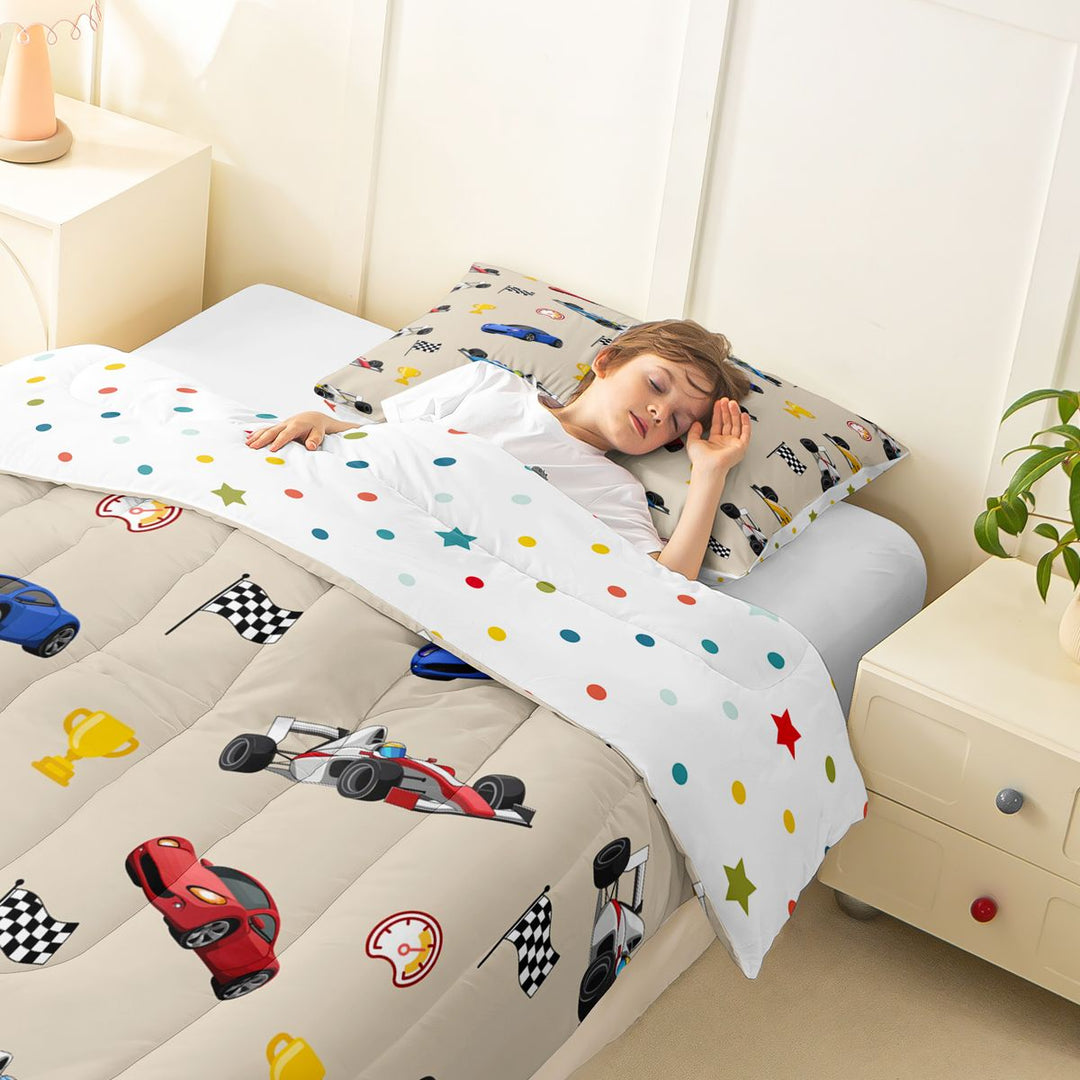 Meiyoeat Cartoon Race Car Pattern Full Size Comforter Sets 3-Piece, Trophy Flag Print Bedding Comforter Set, Beige Multi Color