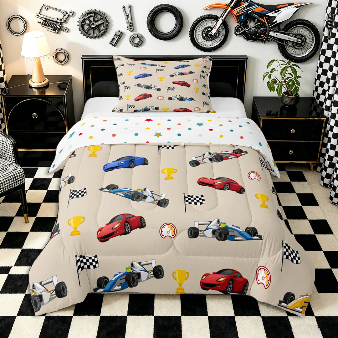 Meiyoeat Cartoon Race Car Pattern Full Size Comforter Sets 3-Piece, Trophy Flag Print Bedding Comforter Set, Beige Multi Color
