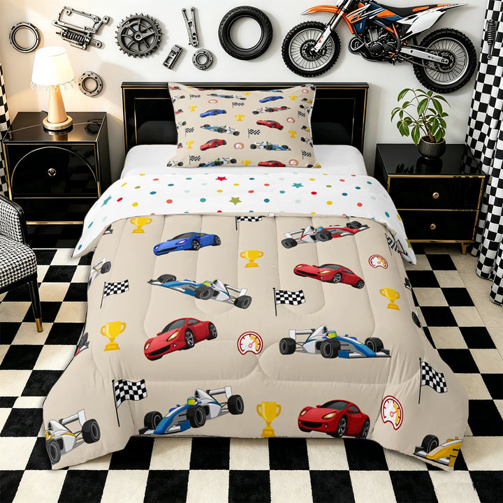 Meiyoeat Cartoon Race Car Pattern Full Size Comforter Sets 3-Piece, Trophy Flag Print Bedding Comforter Set, Beige Multi Color
