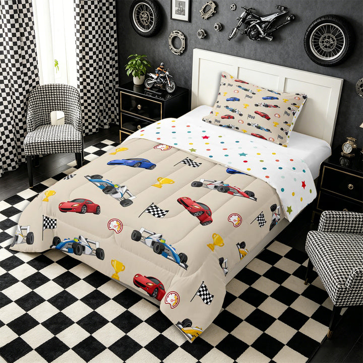 Meiyoeat Cartoon Race Car Pattern Full Size Comforter Sets 3-Piece, Trophy Flag Print Bedding Comforter Set, Beige Multi Color