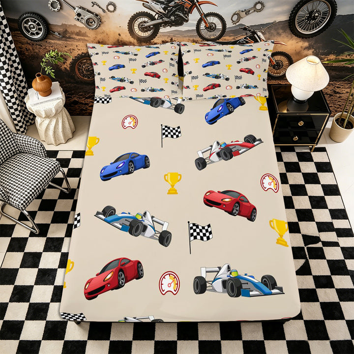 Meiyoeat Cartoon Race Car Pattern Bed Sheets 4-Piece, Trophy Flag Print Full Size Sheets, Beige Multi Color