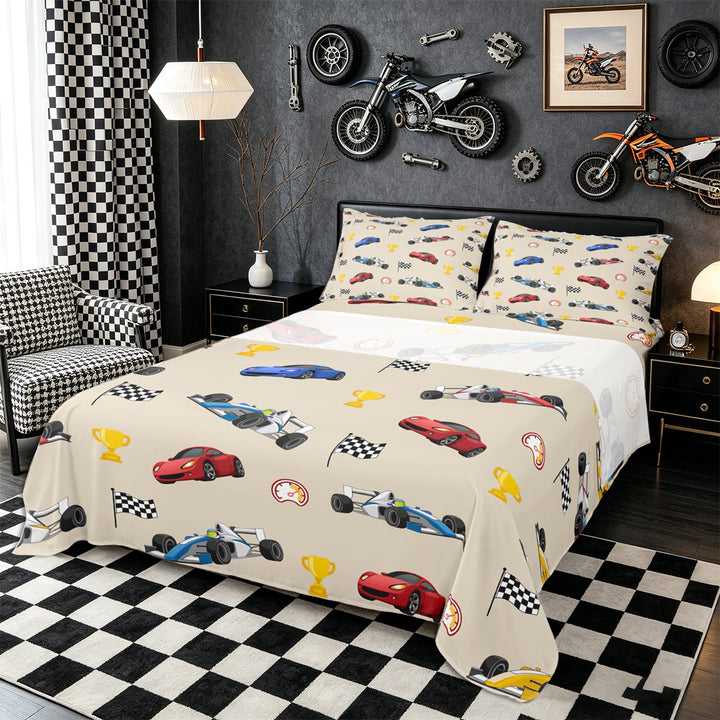 Meiyoeat Cartoon Race Car Pattern Bed Sheets 4-Piece, Trophy Flag Print Full Size Sheets, Beige Multi Color