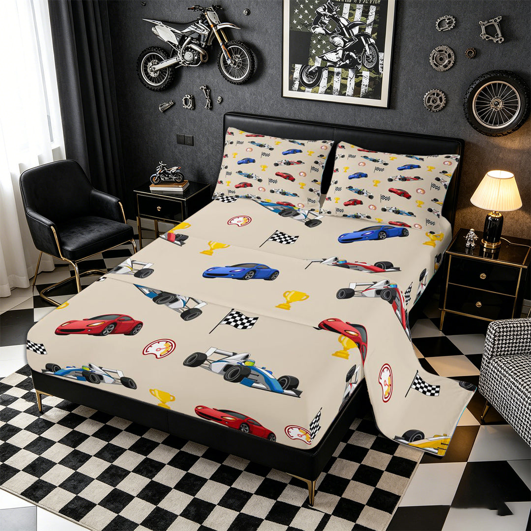 Meiyoeat Cartoon Race Car Pattern Bed Sheets 4-Piece, Trophy Flag Print Full Size Sheets, Beige Multi Color