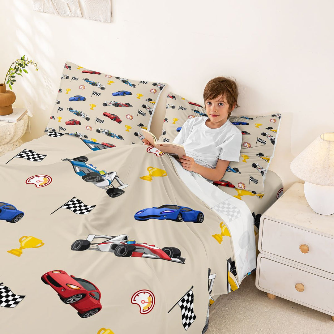 Meiyoeat Cartoon Race Car Pattern Bed Sheets 4-Piece, Trophy Flag Print Full Size Sheets, Beige Multi Color