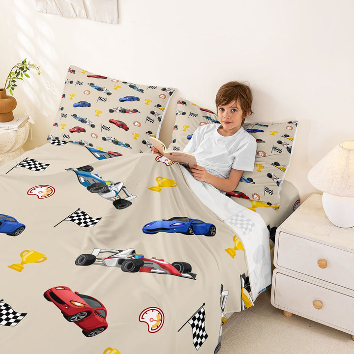 Meiyoeat Cartoon Race Car Pattern Bed Sheets 4-Piece, Trophy Flag Print Full Size Sheets, Beige Multi Color