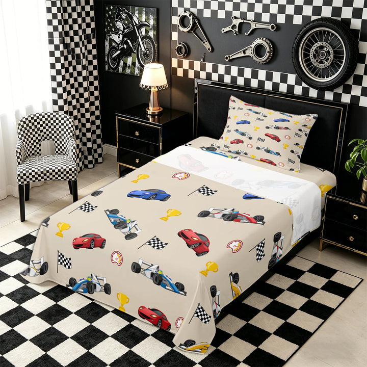 Meiyoeat Cartoon Race Car Pattern Bed Sheets 4-Piece, Trophy Flag Print Full Size Sheets, Beige Multi Color