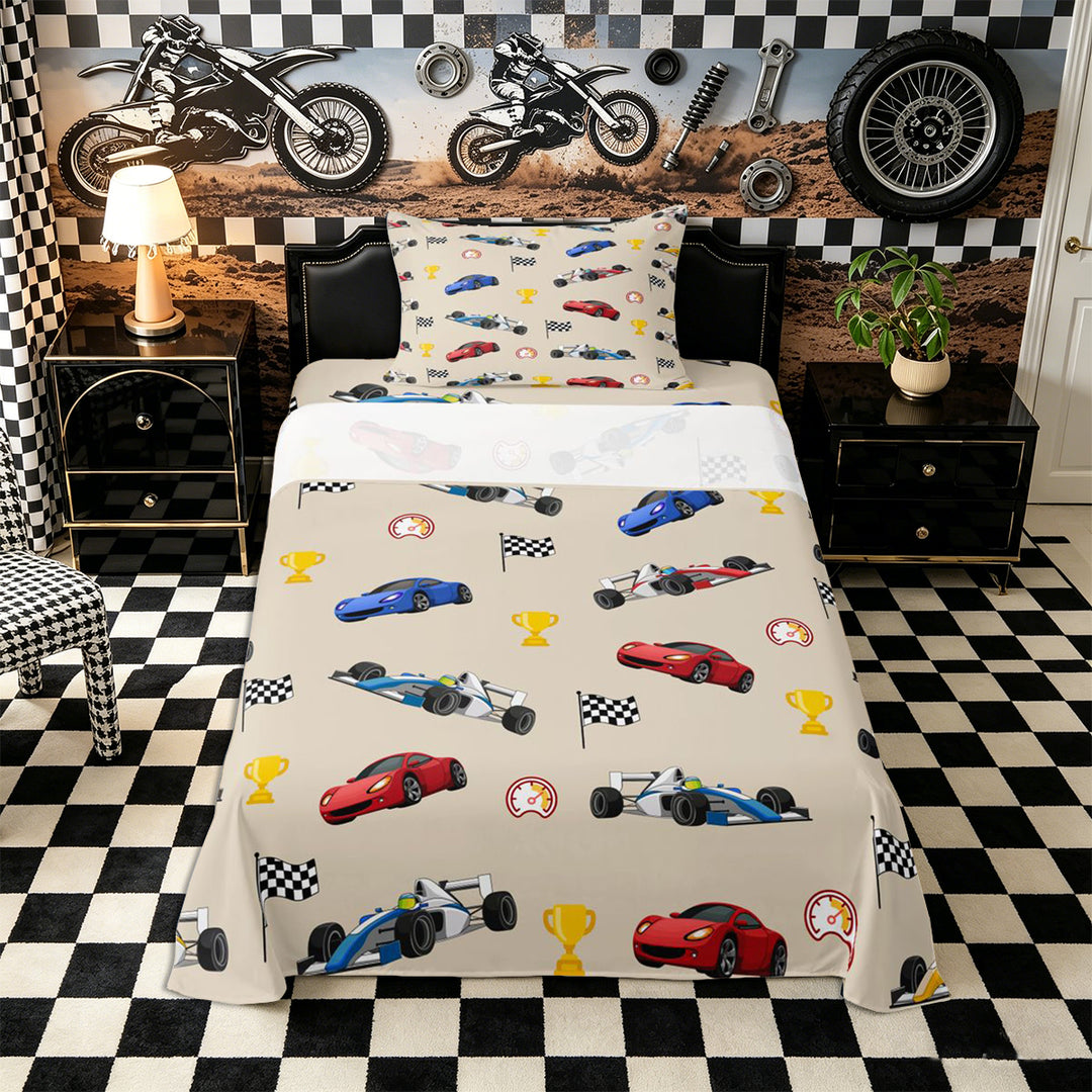Meiyoeat Cartoon Race Car Pattern Bed Sheets 4-Piece, Trophy Flag Print Full Size Sheets, Beige Multi Color