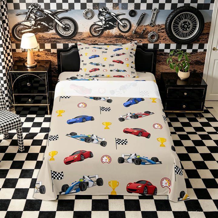 Meiyoeat Cartoon Race Car Pattern Bed Sheets 4-Piece, Trophy Flag Print Full Size Sheets, Beige Multi Color
