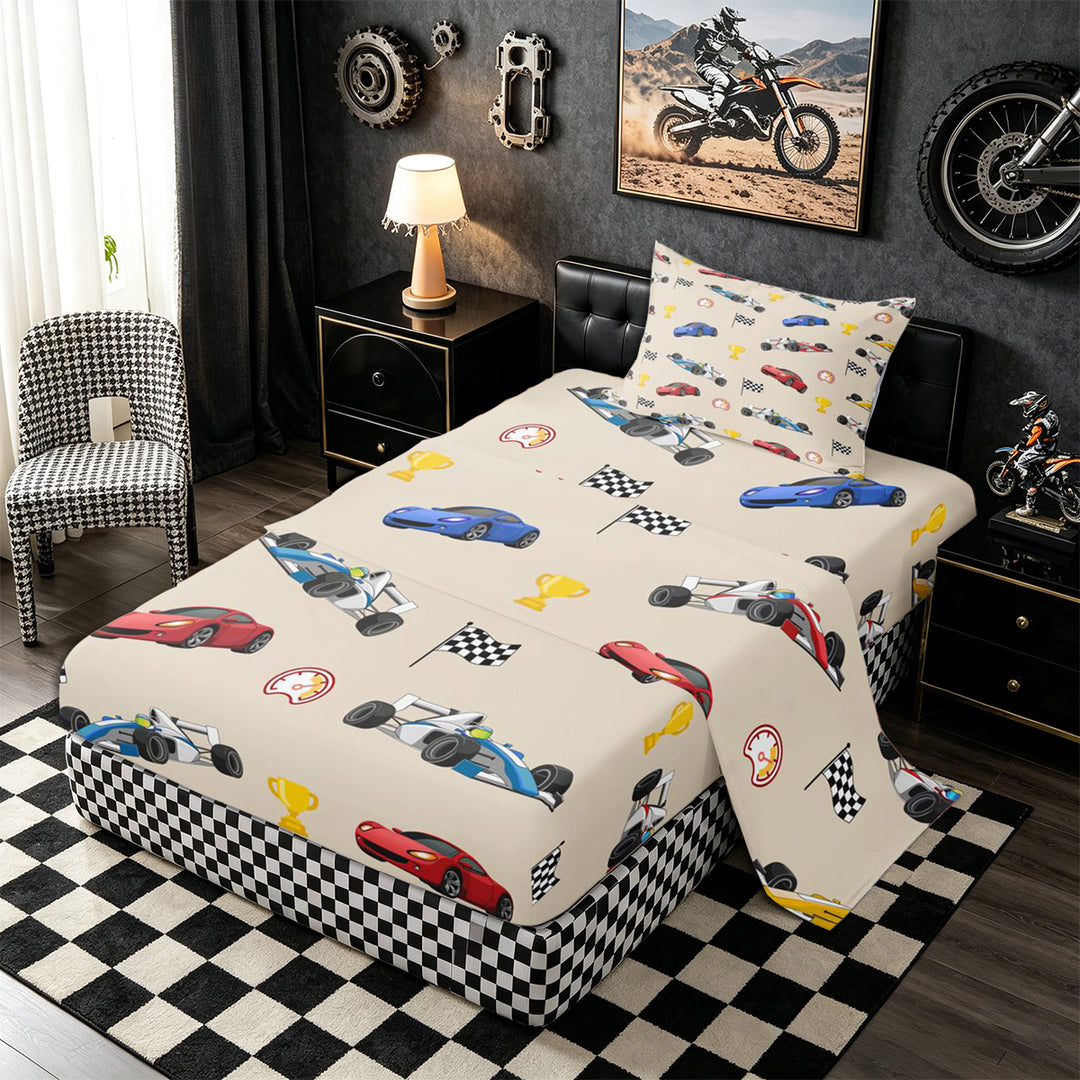 Meiyoeat Cartoon Race Car Pattern Bed Sheets 4-Piece, Trophy Flag Print Full Size Sheets, Beige Multi Color