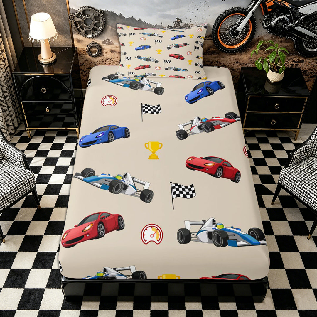 Meiyoeat Cartoon Race Car Pattern Bed Sheets 4-Piece, Trophy Flag Print Full Size Sheets, Beige Multi Color