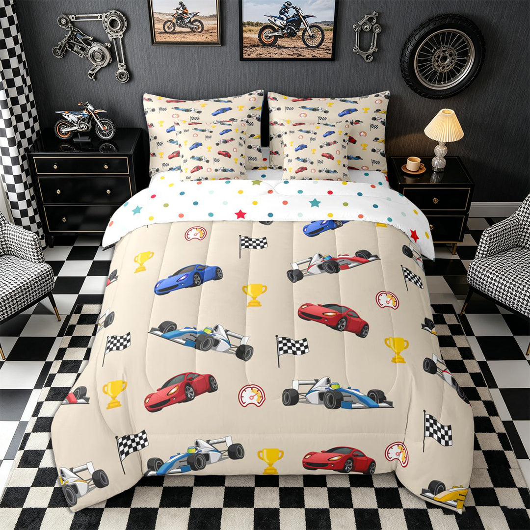 Meiyoeat Cartoon Race Car Pattern Full Size Bedding Sets 7 Pieces, Trophy Flag Print Full Size Bed in a Bag, Beige Multi Color