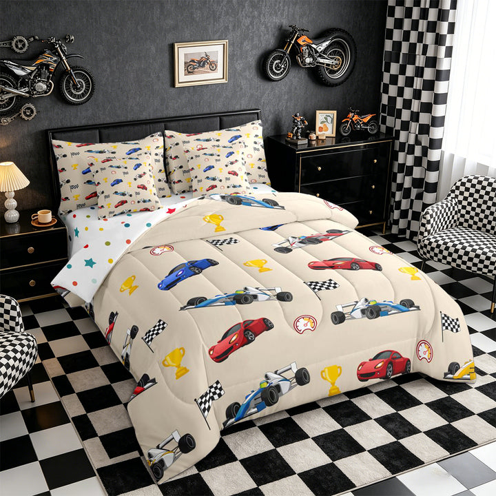 Meiyoeat Cartoon Race Car Pattern Full Size Bedding Sets 7 Pieces, Trophy Flag Print Full Size Bed in a Bag, Beige Multi Color