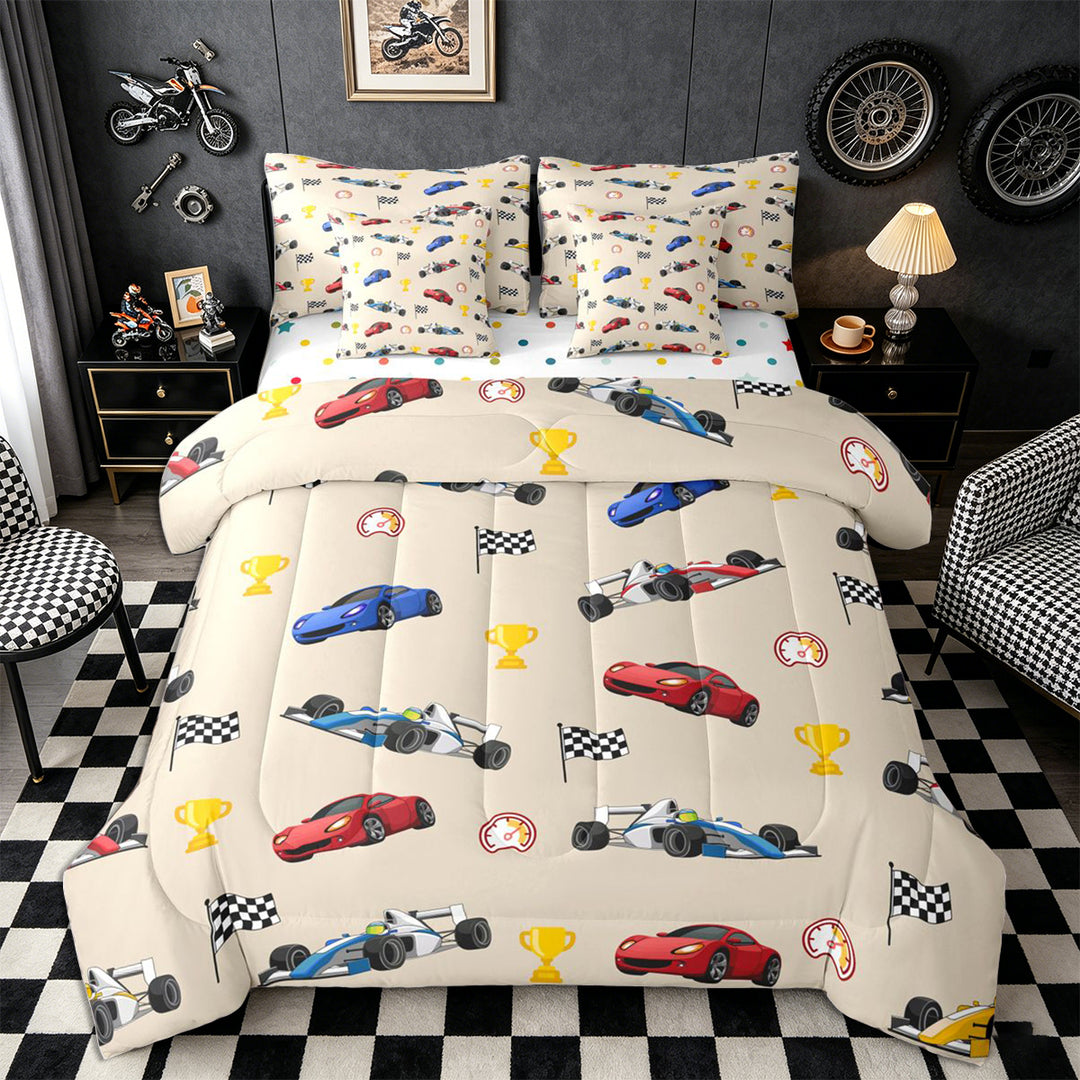 Meiyoeat Cartoon Race Car Pattern Full Size Bedding Sets 7 Pieces, Trophy Flag Print Full Size Bed in a Bag, Beige Multi Color