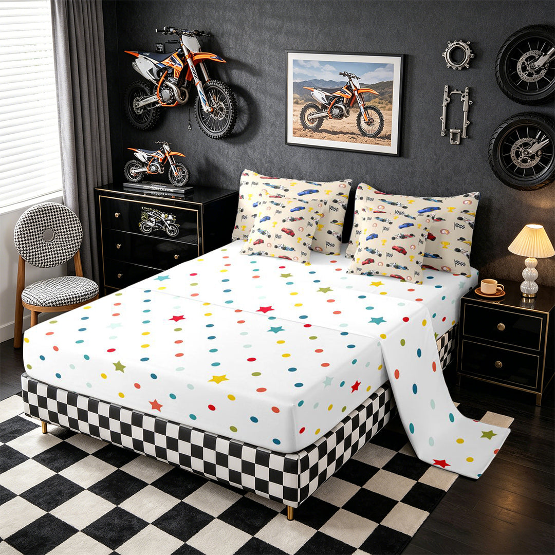 Meiyoeat Cartoon Race Car Pattern Full Size Bedding Sets 7 Pieces, Trophy Flag Print Full Size Bed in a Bag, Beige Multi Color