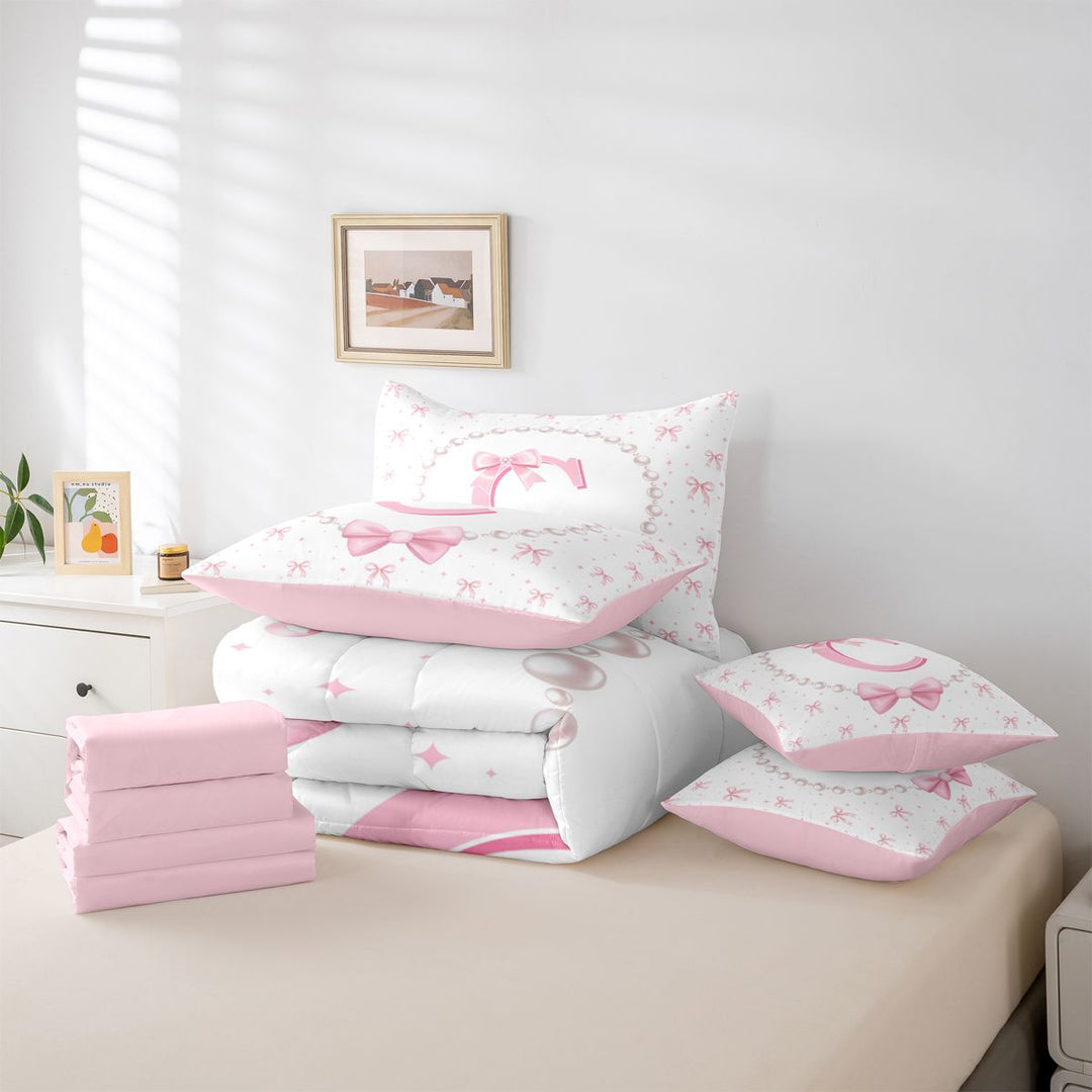meiyoeat Pink Monogram Bow 7 Pieces Full Size Bedding Sets For Kids,Girls Ribbon Bowknot Letter C Full Size Bed in a Bag Bowtie Lovers,Pink Reversible