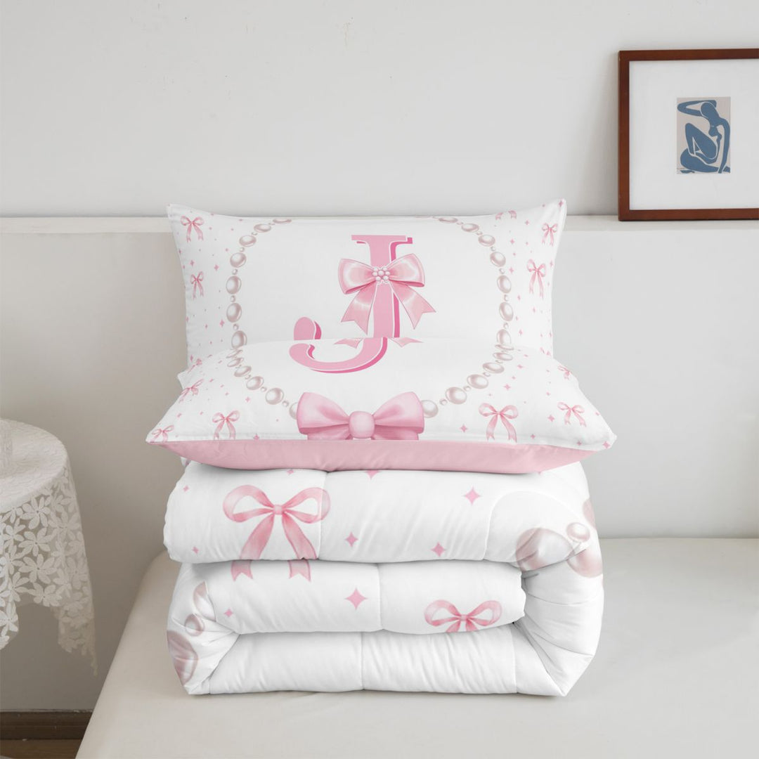 meiyoeat Pink Cute Bowknot Full Size Comforter Sets For Girls,Kawaii Bowtie Monogrammed J Bedding Comforter Set For Kids,Pink Reversible,3-Piece