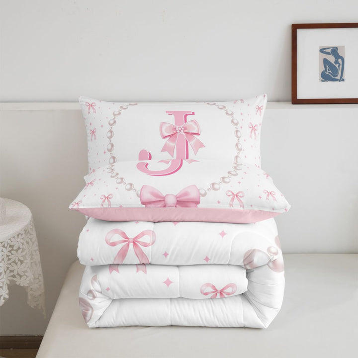 meiyoeat Pink Cute Bowknot Full Size Comforter Sets For Girls,Kawaii Bowtie Monogrammed J Bedding Comforter Set For Kids,Pink Reversible,3-Piece