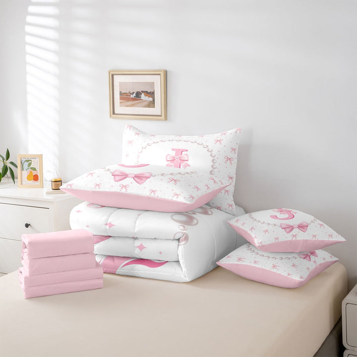 meiyoeat Pink Cute Bowknot 7 Pieces Full Size Bedding Sets For Girls,Kawaii Bowtie Monogrammed J Full Size Bed in a Bag For Kids,Pink Reversible