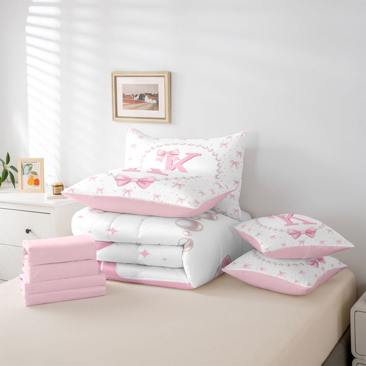 meiyoeat Cute Coquette Bowknot 7 Pieces Full Size Bedding Sets For Kids,Pink Ribbon Bow Initial Letter K Full Size Bed in a Bag,Pink Reversible