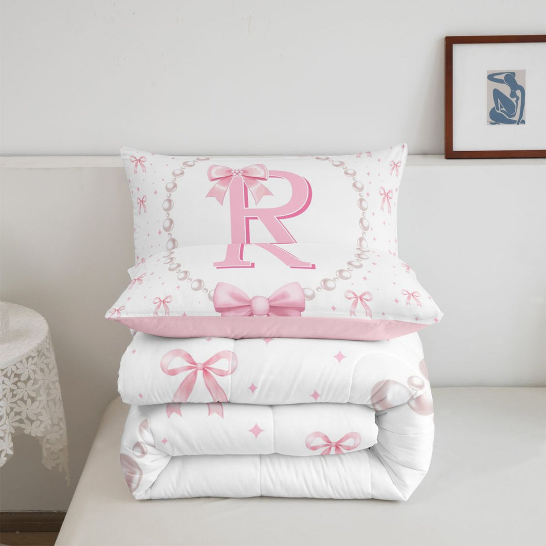 meiyoeat Fashion Women Pearl Necklace Full Size Comforter Sets,Girly Bowtie Monogrammed R Bedding Comforter Set For Kids,Pink Reversible,3pcs