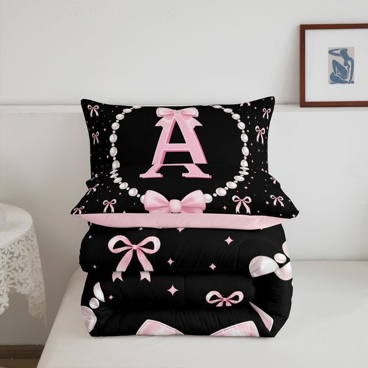 meiyoeat Bowknot Letter Print A Full Size Comforter Sets For Girls,Girly Pink Bow Bedding Comforter Set For Kids,Pink Reversible,3pcs