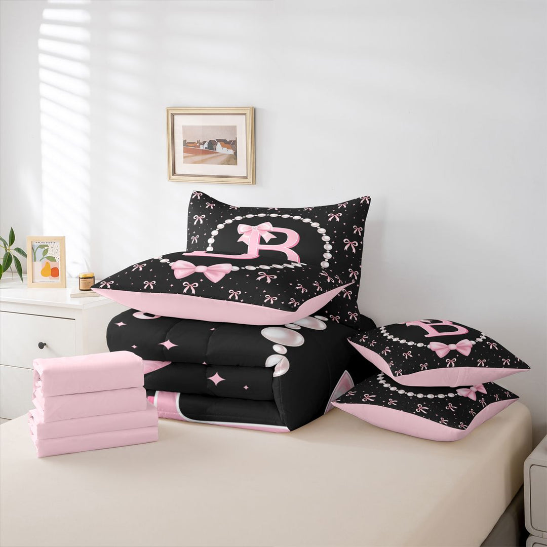 meiyoeat Bowknot Alphabet B 7 Pieces Full Size Bedding Sets For Girls,Kids Pink Coquette Bow Full Size Bed in a Bag,Pink Reversible