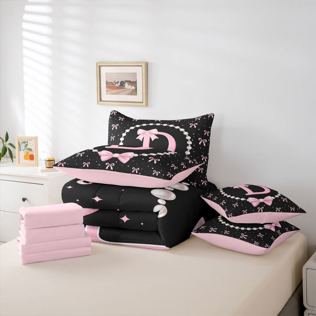 meiyoeat Women Pearl Necklace 7 Pieces Full Size Bedding Sets For Kids,Pink Ribbon Letter Print D Full Size Bed in a Bag,Pink Reversible