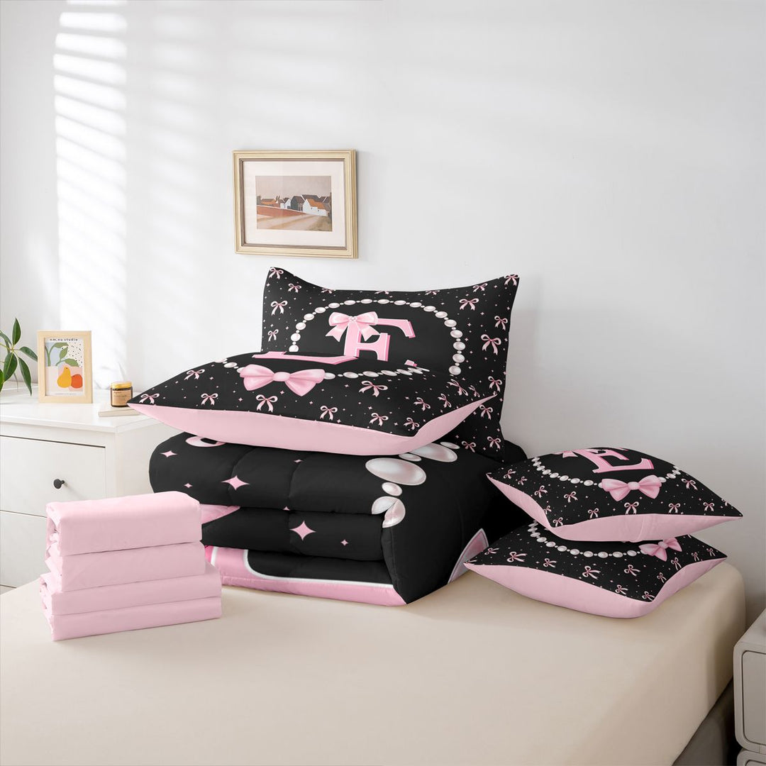 meiyoeat Girls Personalized Monogrammed Gifts 7 Pieces Full Size Bedding Sets For Bowtie Lovers,Kids Bowknot Alphabet E Print Full Size Bed in a Bag,Pink Reversible