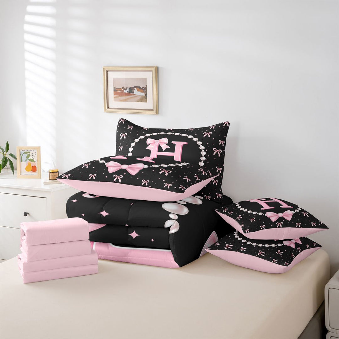 meiyoeat Chic Pearl Necklace Print 7 Pieces Full Size Bedding Sets For Kids,Pink Coquette Bowknot Initial Letter H Full Size Bed in a Bag,Pink Reversible