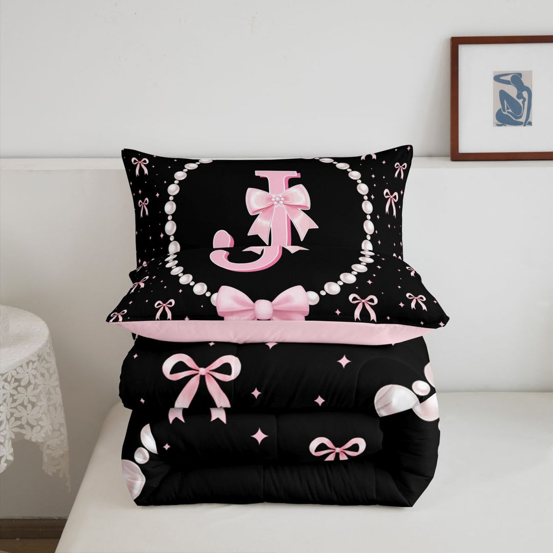 meiyoeat Pink Cute Bow Full Size Comforter Sets For Girls,Kawaii Bowknot Monogrammed J Bedding Comforter Set For Kids,Pink Reversible,3pcs