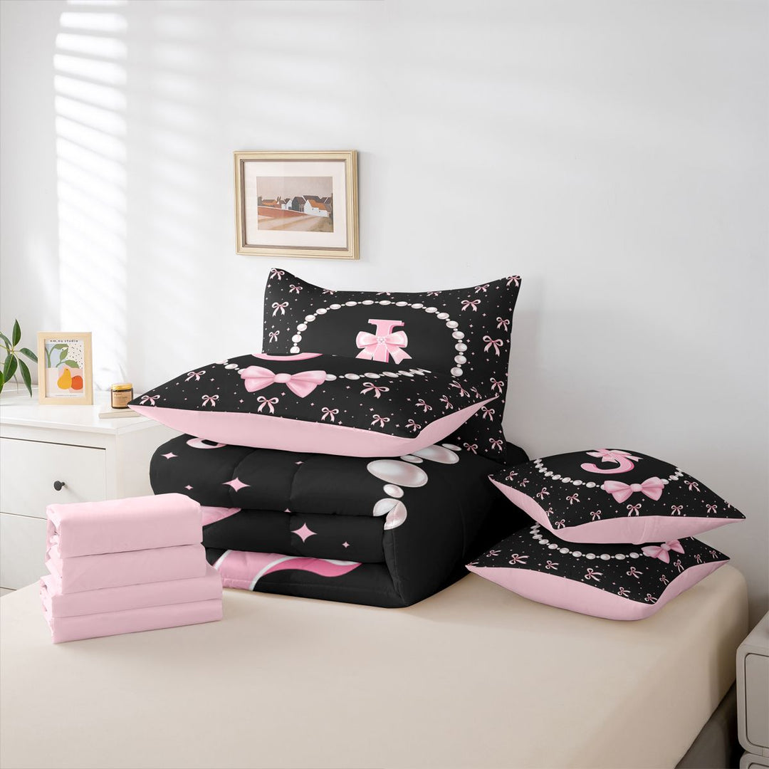 meiyoeat Pink Cute Bow 7 Pieces Full Size Bedding Sets For Girls,Kawaii Bowknot Monogrammed J Full Size Bed in a Bag For Kids,Pink Reversible