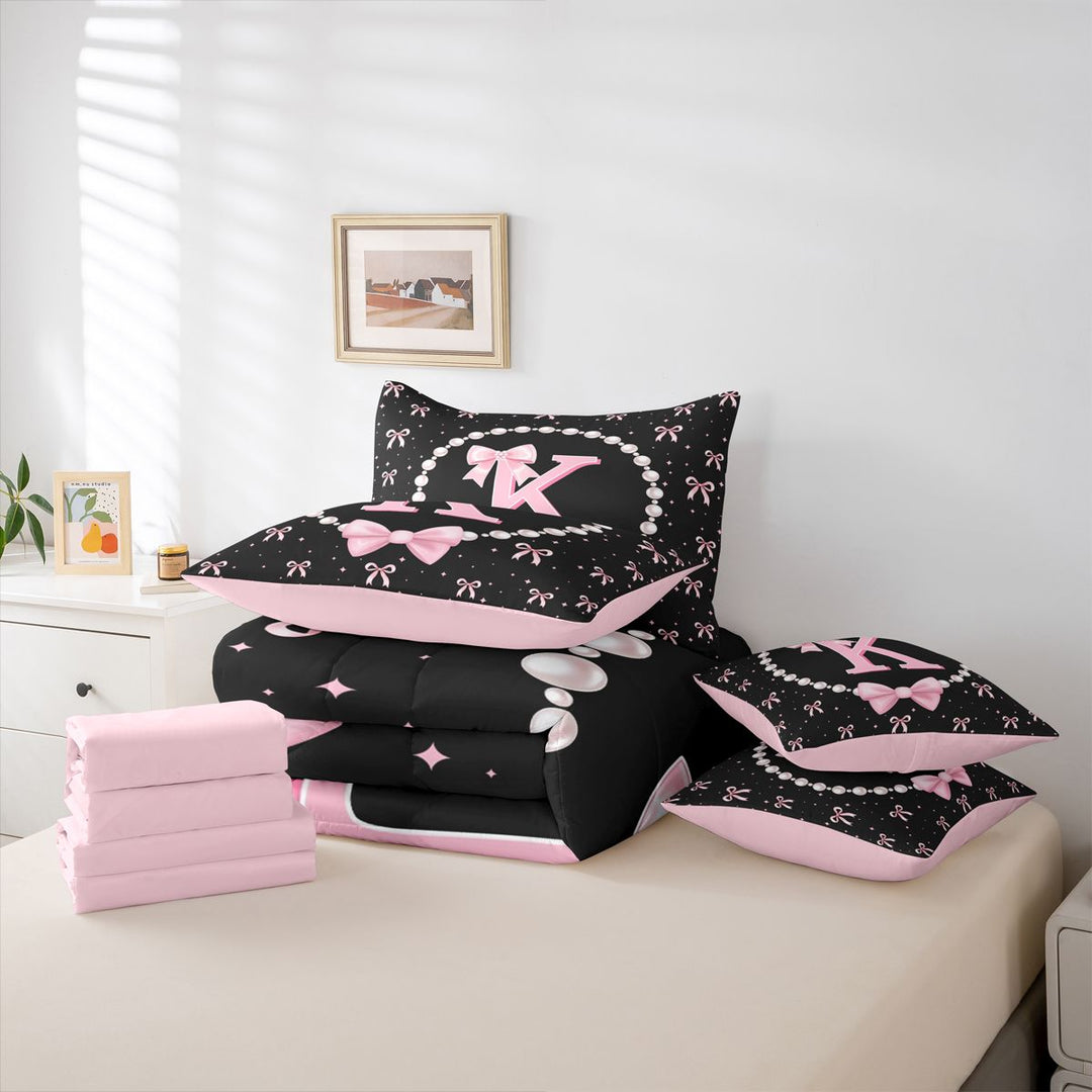 meiyoeat Cute Coquette Bow 7 Pieces Full Size Bedding Sets For Kids,Pink Ribbon Bowtie Initial Letter K Full Size Bed in a Bag,Pink Reversible